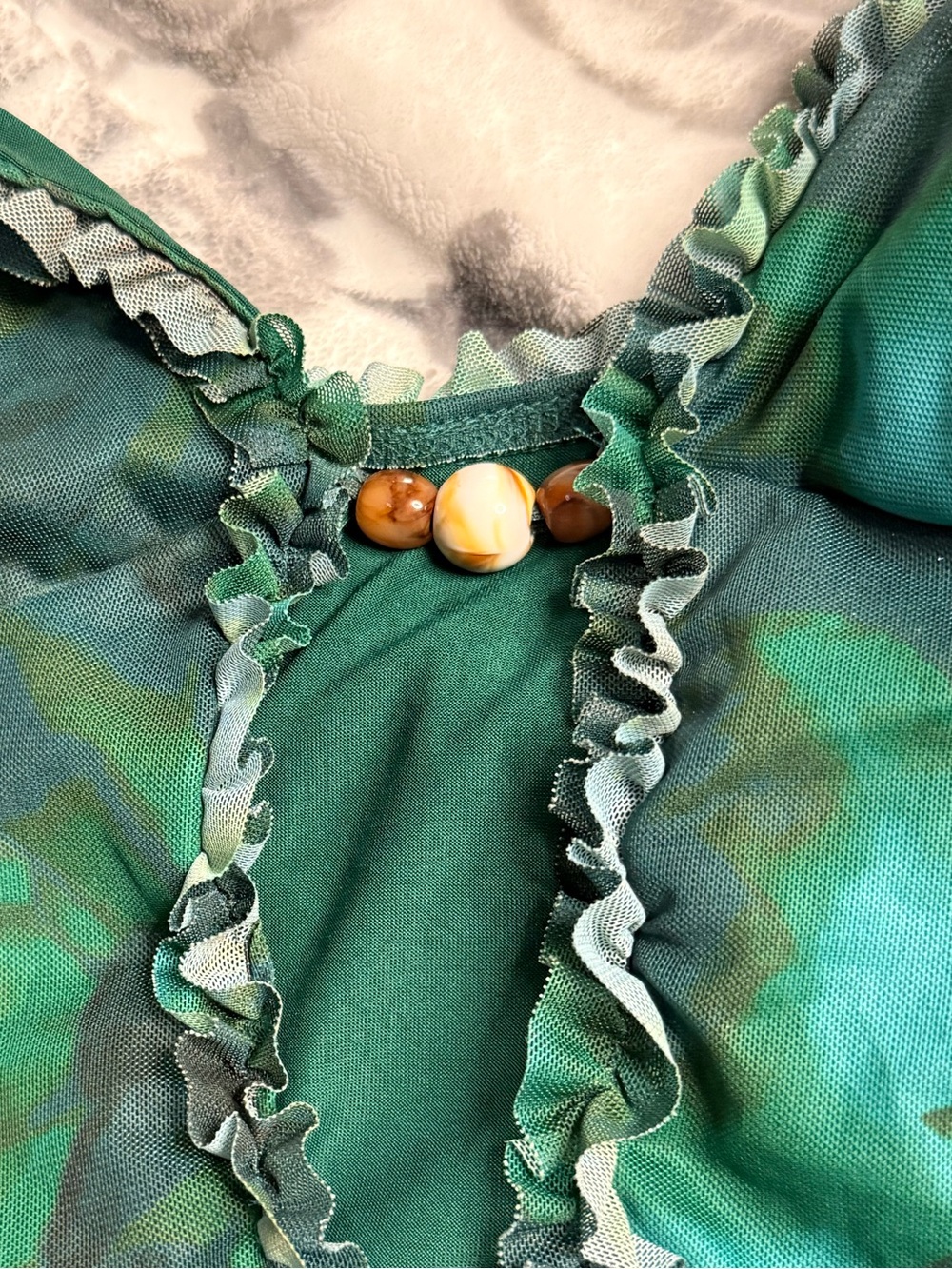 Green Ruched Slip Dress with Ruffle Trim - Picture 2 of 2